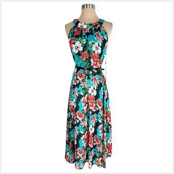 Tommy Hilfiger Teal Floral Printed Halter Patent Belted Midi Dress New NWT 6 - Picture 2 of 5
